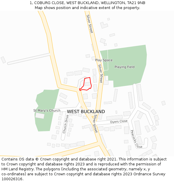 1, COBURG CLOSE, WEST BUCKLAND, WELLINGTON, TA21 9NB: Location map and indicative extent of plot