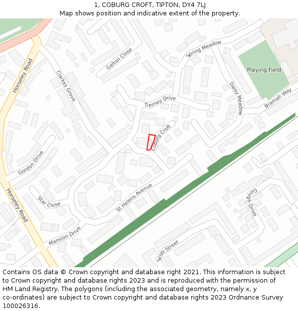 1, COBURG CROFT, TIPTON, DY4 7LJ: Location map and indicative extent of plot