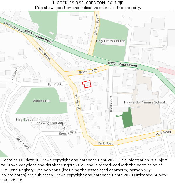 1, COCKLES RISE, CREDITON, EX17 3JB: Location map and indicative extent of plot