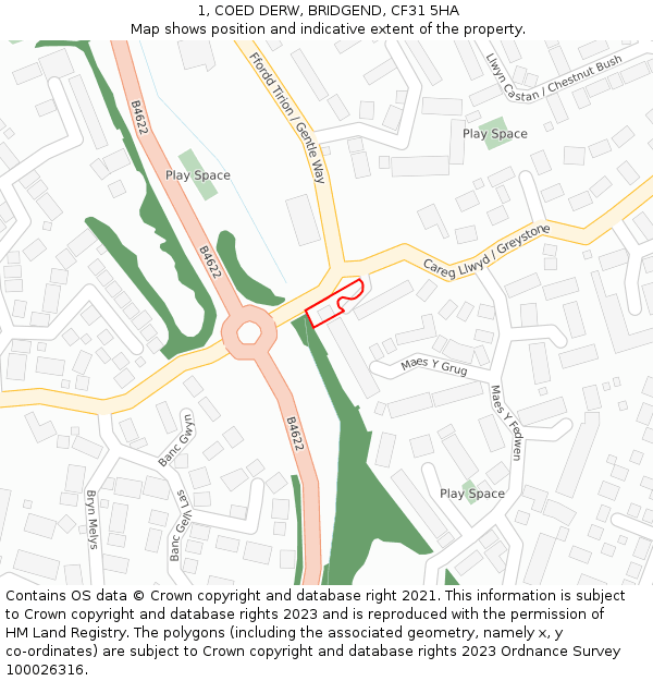 1, COED DERW, BRIDGEND, CF31 5HA: Location map and indicative extent of plot