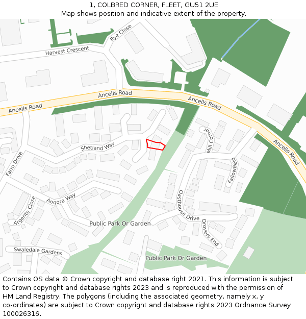 1, COLBRED CORNER, FLEET, GU51 2UE: Location map and indicative extent of plot