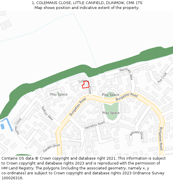 1, COLEMANS CLOSE, LITTLE CANFIELD, DUNMOW, CM6 1TS: Location map and indicative extent of plot