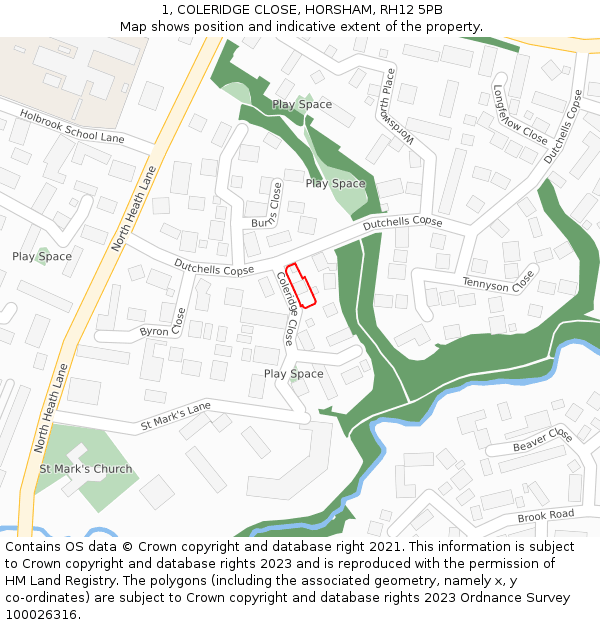 1, COLERIDGE CLOSE, HORSHAM, RH12 5PB: Location map and indicative extent of plot