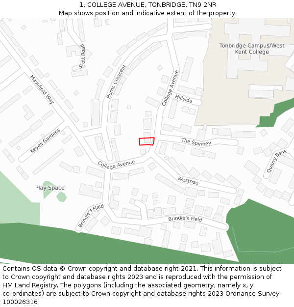 1, COLLEGE AVENUE, TONBRIDGE, TN9 2NR: Location map and indicative extent of plot