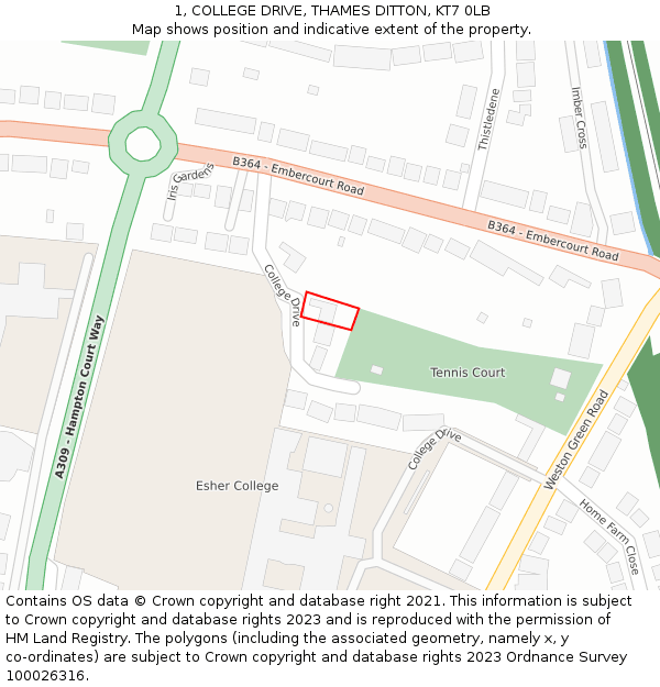 1, COLLEGE DRIVE, THAMES DITTON, KT7 0LB: Location map and indicative extent of plot