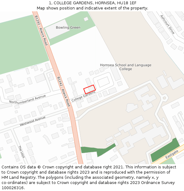 1, COLLEGE GARDENS, HORNSEA, HU18 1EF: Location map and indicative extent of plot