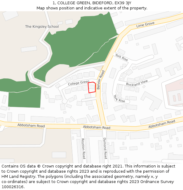 1, COLLEGE GREEN, BIDEFORD, EX39 3JY: Location map and indicative extent of plot