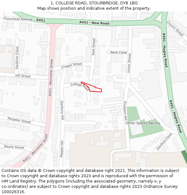 1, COLLEGE ROAD, STOURBRIDGE, DY8 1BG: Location map and indicative extent of plot