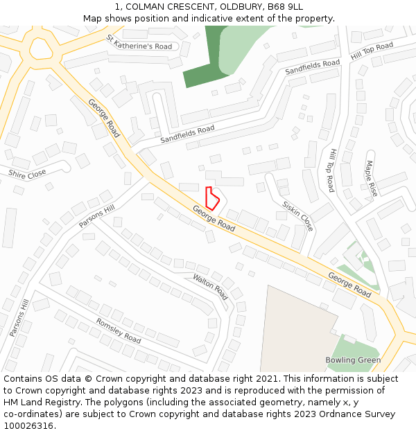 1, COLMAN CRESCENT, OLDBURY, B68 9LL: Location map and indicative extent of plot