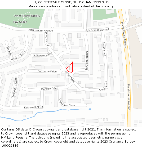 1, COLSTERDALE CLOSE, BILLINGHAM, TS23 3HD: Location map and indicative extent of plot