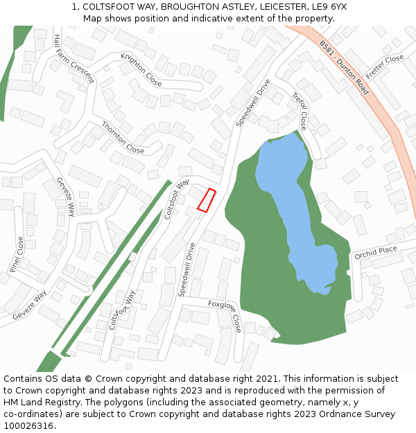 1, COLTSFOOT WAY, BROUGHTON ASTLEY, LEICESTER, LE9 6YX: Location map and indicative extent of plot