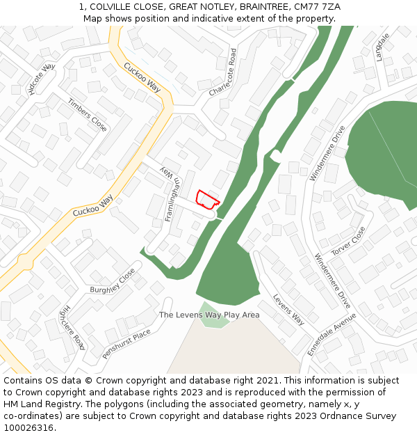 1, COLVILLE CLOSE, GREAT NOTLEY, BRAINTREE, CM77 7ZA: Location map and indicative extent of plot