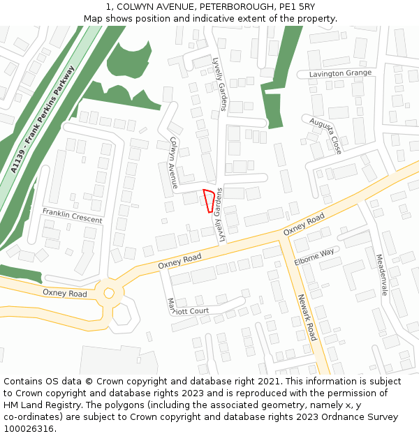 1, COLWYN AVENUE, PETERBOROUGH, PE1 5RY: Location map and indicative extent of plot