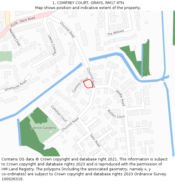 1, COMFREY COURT, GRAYS, RM17 6TN: Location map and indicative extent of plot