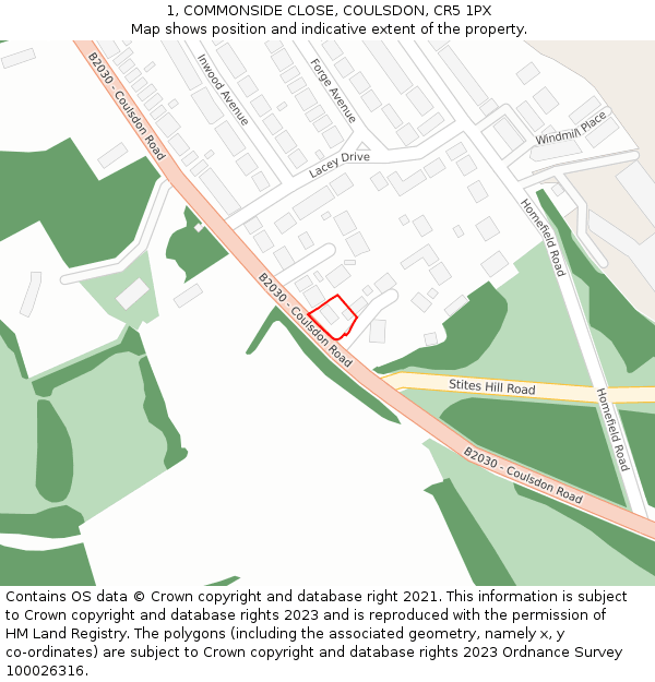 1, COMMONSIDE CLOSE, COULSDON, CR5 1PX: Location map and indicative extent of plot