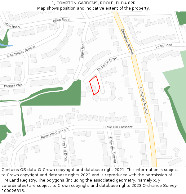 1, COMPTON GARDENS, POOLE, BH14 8PP: Location map and indicative extent of plot