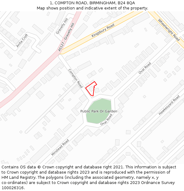 1, COMPTON ROAD, BIRMINGHAM, B24 8QA: Location map and indicative extent of plot