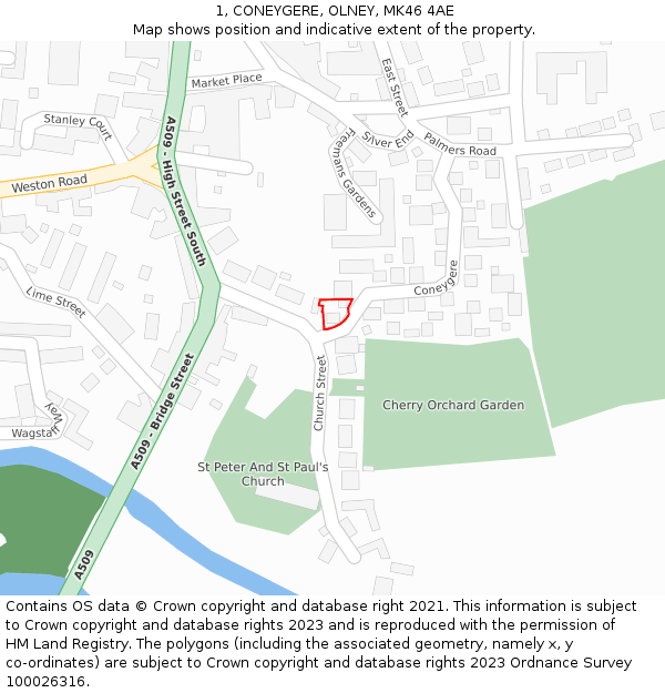 1, CONEYGERE, OLNEY, MK46 4AE: Location map and indicative extent of plot