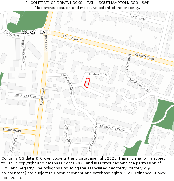 1, CONFERENCE DRIVE, LOCKS HEATH, SOUTHAMPTON, SO31 6WP: Location map and indicative extent of plot