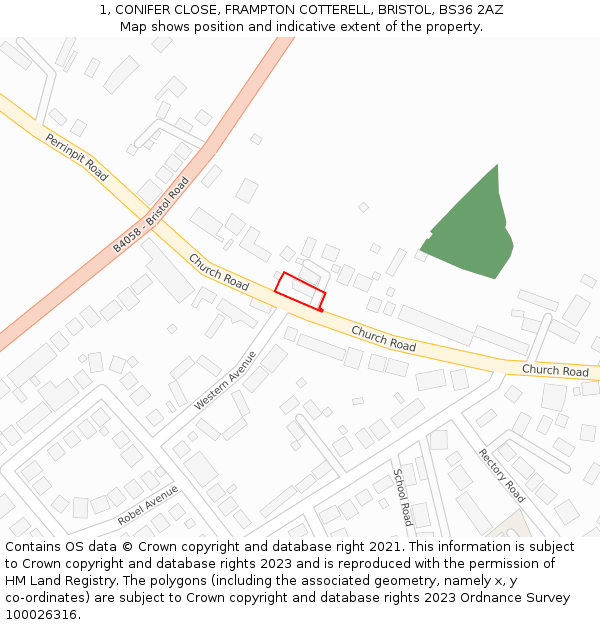 1, CONIFER CLOSE, FRAMPTON COTTERELL, BRISTOL, BS36 2AZ: Location map and indicative extent of plot