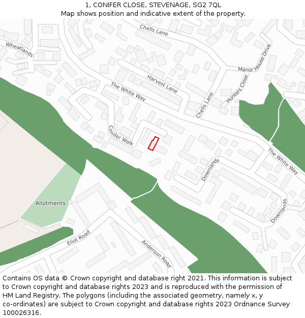 1, CONIFER CLOSE, STEVENAGE, SG2 7QL: Location map and indicative extent of plot