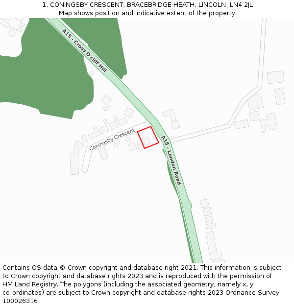 1, CONINGSBY CRESCENT, BRACEBRIDGE HEATH, LINCOLN, LN4 2JL: Location map and indicative extent of plot
