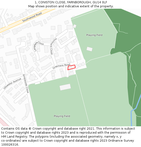 1, CONISTON CLOSE, FARNBOROUGH, GU14 0LF: Location map and indicative extent of plot