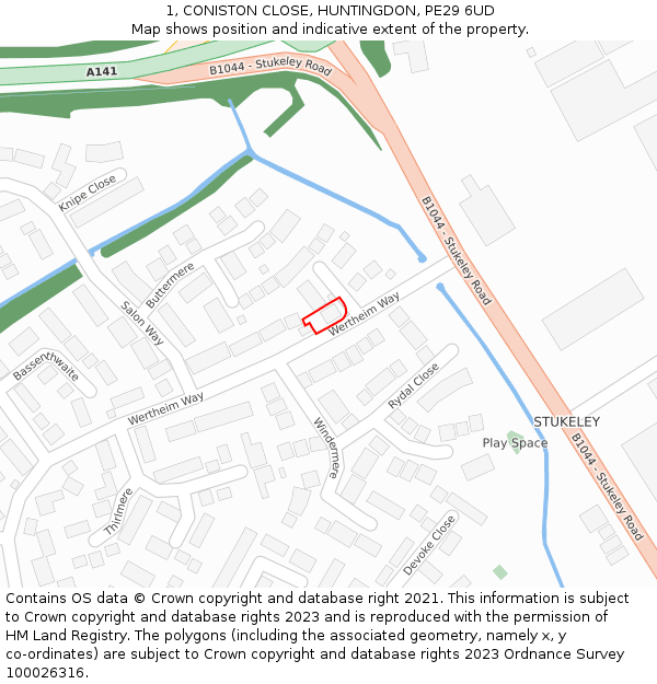 1, CONISTON CLOSE, HUNTINGDON, PE29 6UD: Location map and indicative extent of plot