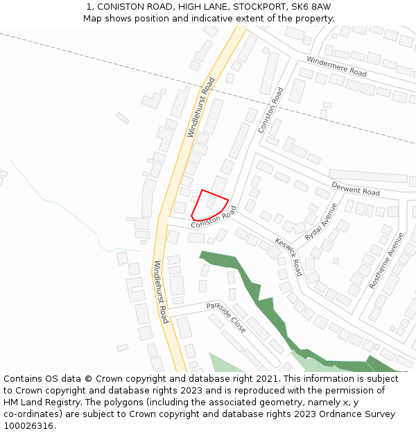 1, CONISTON ROAD, HIGH LANE, STOCKPORT, SK6 8AW: Location map and indicative extent of plot