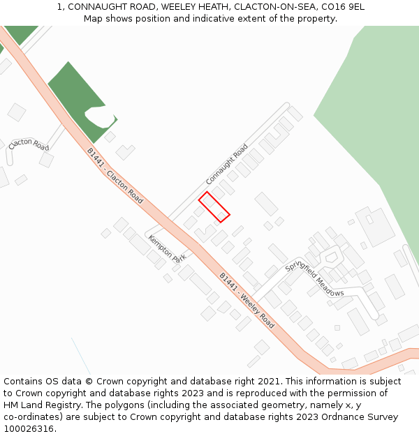 1, CONNAUGHT ROAD, WEELEY HEATH, CLACTON-ON-SEA, CO16 9EL: Location map and indicative extent of plot