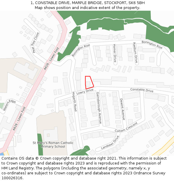 1, CONSTABLE DRIVE, MARPLE BRIDGE, STOCKPORT, SK6 5BH: Location map and indicative extent of plot