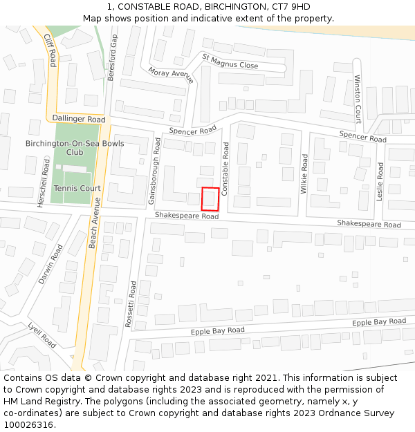 1, CONSTABLE ROAD, BIRCHINGTON, CT7 9HD: Location map and indicative extent of plot