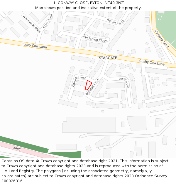 1, CONWAY CLOSE, RYTON, NE40 3NZ: Location map and indicative extent of plot