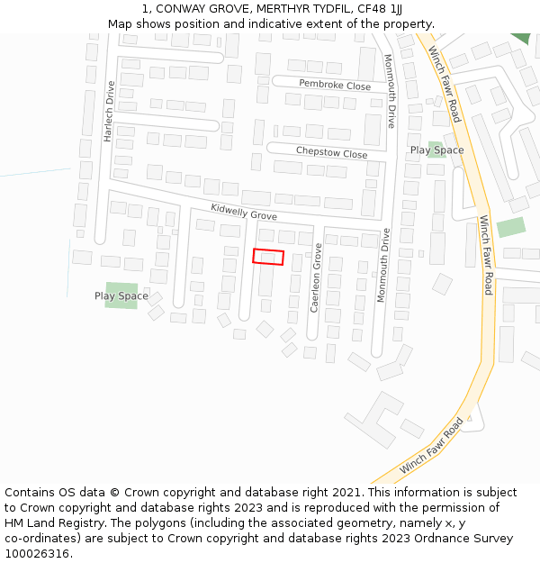 1, CONWAY GROVE, MERTHYR TYDFIL, CF48 1JJ: Location map and indicative extent of plot