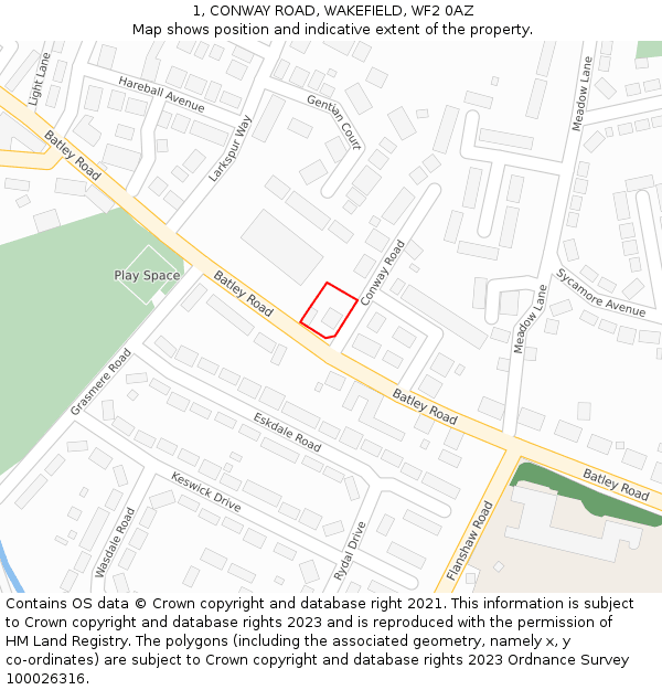 1, CONWAY ROAD, WAKEFIELD, WF2 0AZ: Location map and indicative extent of plot