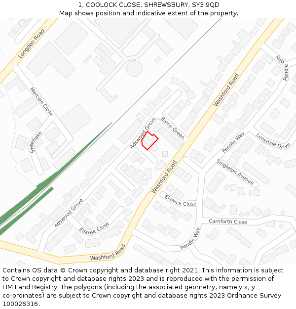 1, COOLOCK CLOSE, SHREWSBURY, SY3 9QD: Location map and indicative extent of plot