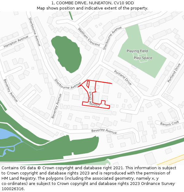 1, COOMBE DRIVE, NUNEATON, CV10 9DD: Location map and indicative extent of plot