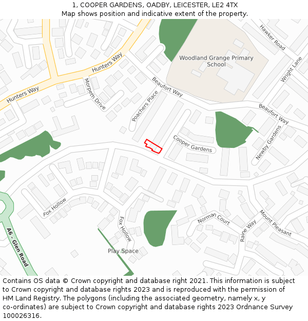 1, COOPER GARDENS, OADBY, LEICESTER, LE2 4TX: Location map and indicative extent of plot