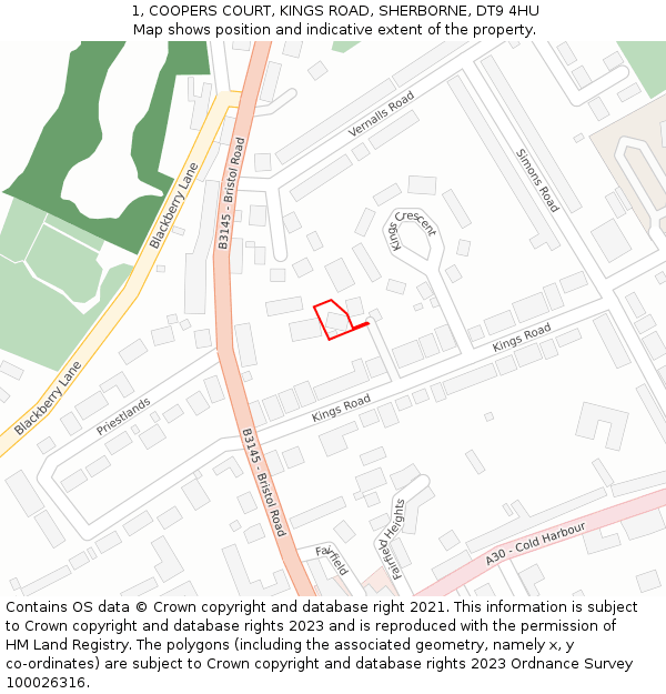 1, COOPERS COURT, KINGS ROAD, SHERBORNE, DT9 4HU: Location map and indicative extent of plot