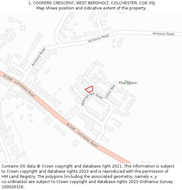 1, COOPERS CRESCENT, WEST BERGHOLT, COLCHESTER, CO6 3SJ: Location map and indicative extent of plot