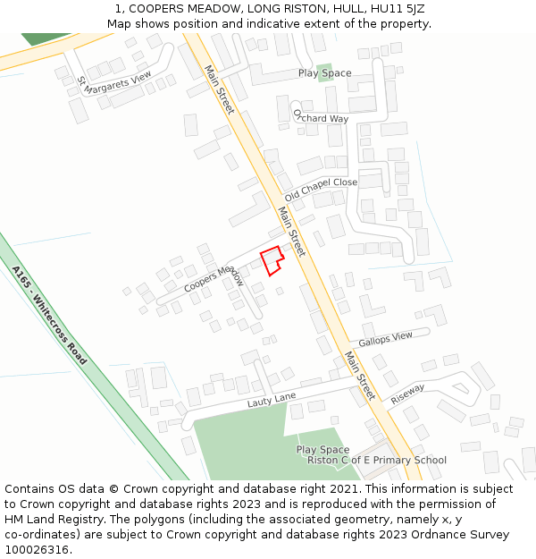 1, COOPERS MEADOW, LONG RISTON, HULL, HU11 5JZ: Location map and indicative extent of plot