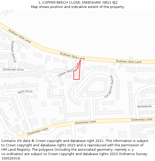 1, COPPER BEECH CLOSE, FAKENHAM, NR21 8JZ: Location map and indicative extent of plot