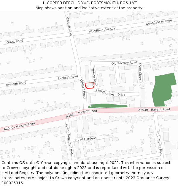 1, COPPER BEECH DRIVE, PORTSMOUTH, PO6 1AZ: Location map and indicative extent of plot