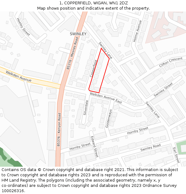 1, COPPERFIELD, WIGAN, WN1 2DZ: Location map and indicative extent of plot