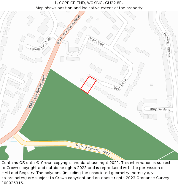 1, COPPICE END, WOKING, GU22 8PU: Location map and indicative extent of plot