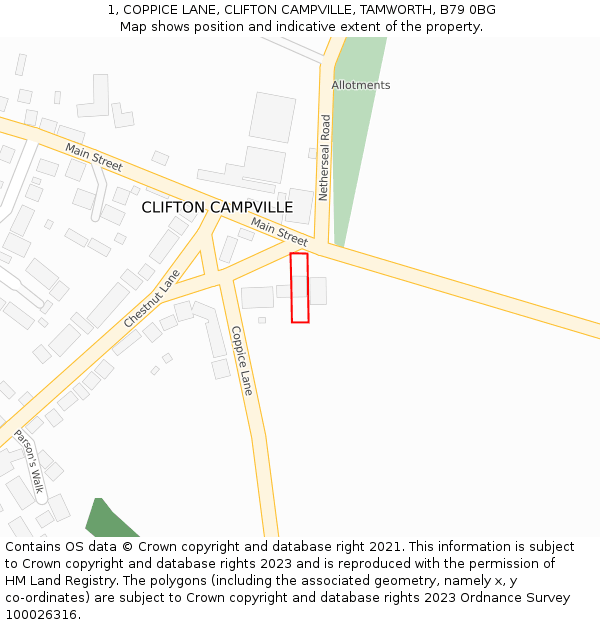 1, COPPICE LANE, CLIFTON CAMPVILLE, TAMWORTH, B79 0BG: Location map and indicative extent of plot