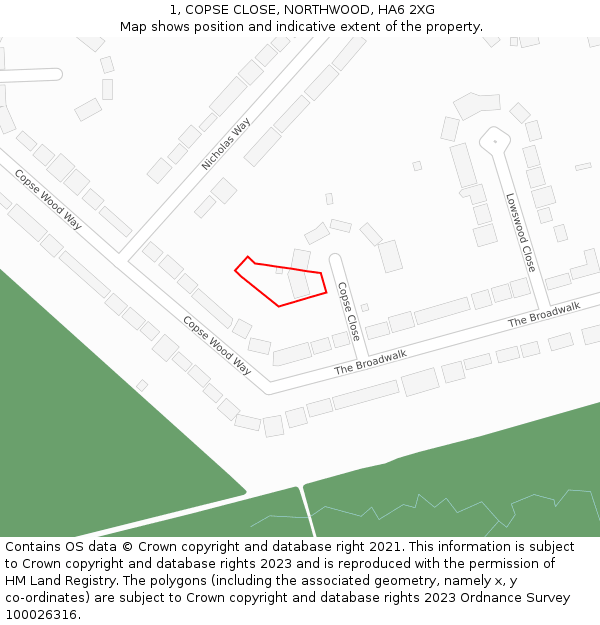 1, COPSE CLOSE, NORTHWOOD, HA6 2XG: Location map and indicative extent of plot