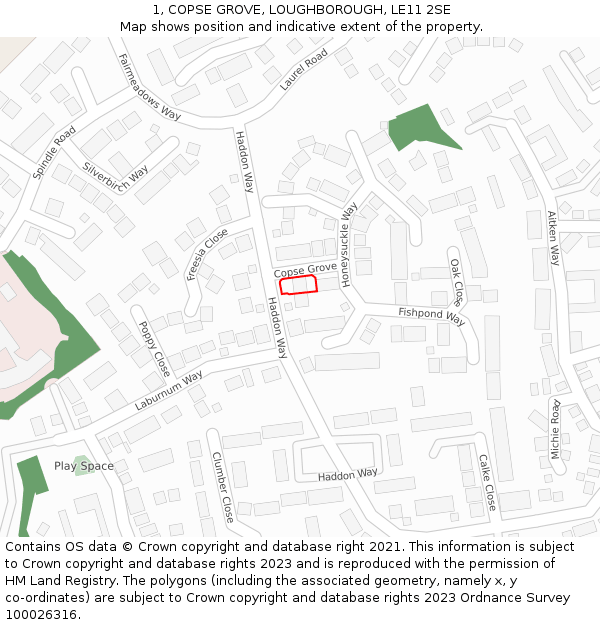 1, COPSE GROVE, LOUGHBOROUGH, LE11 2SE: Location map and indicative extent of plot