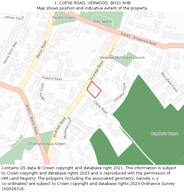 1, COPSE ROAD, VERWOOD, BH31 6HB: Location map and indicative extent of plot
