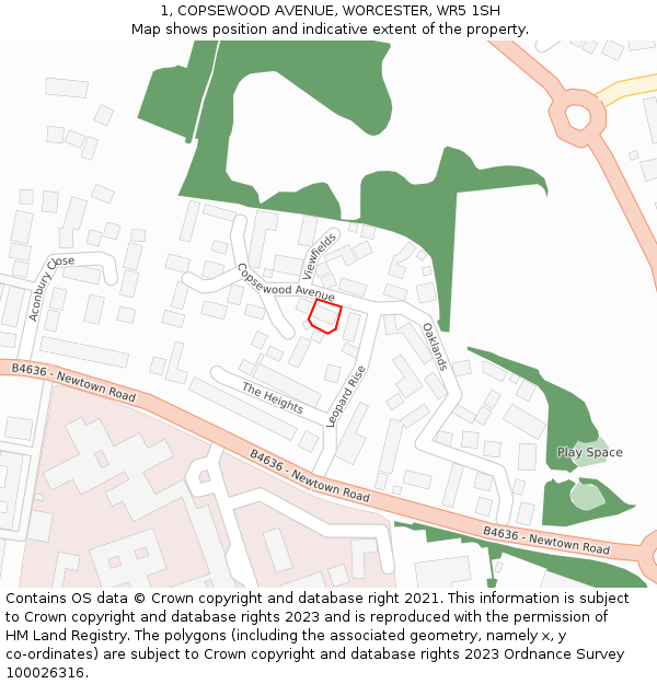 1, COPSEWOOD AVENUE, WORCESTER, WR5 1SH: Location map and indicative extent of plot